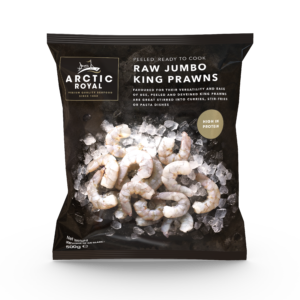 Raw jumbo king prawns in Arctic Royal bag